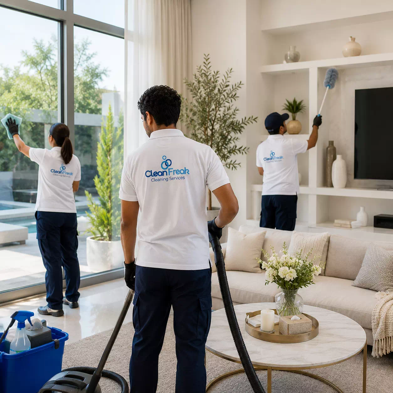 The Clean Freak team cleaning a sofa